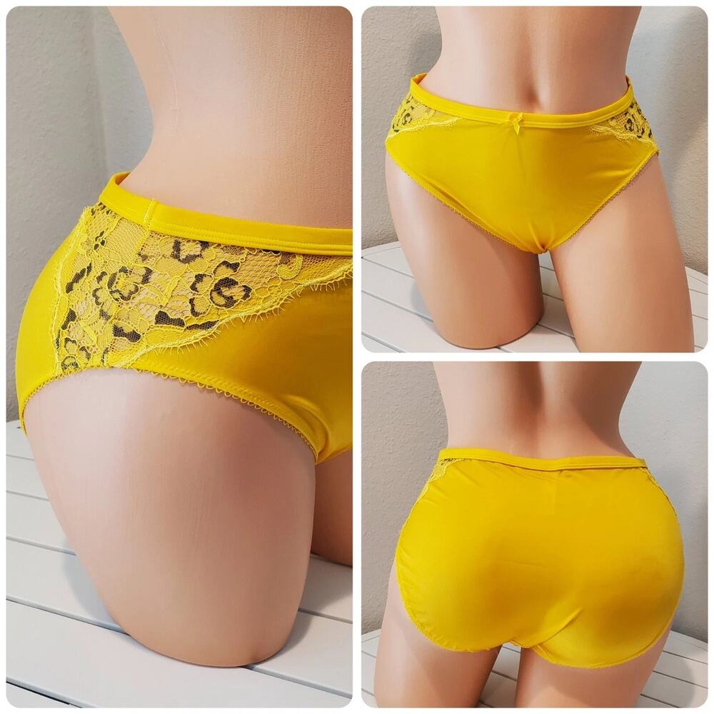 Ambrielle Lace High Cut Panty Shiny Satin Stretch Floral Lace Carnation Yellow